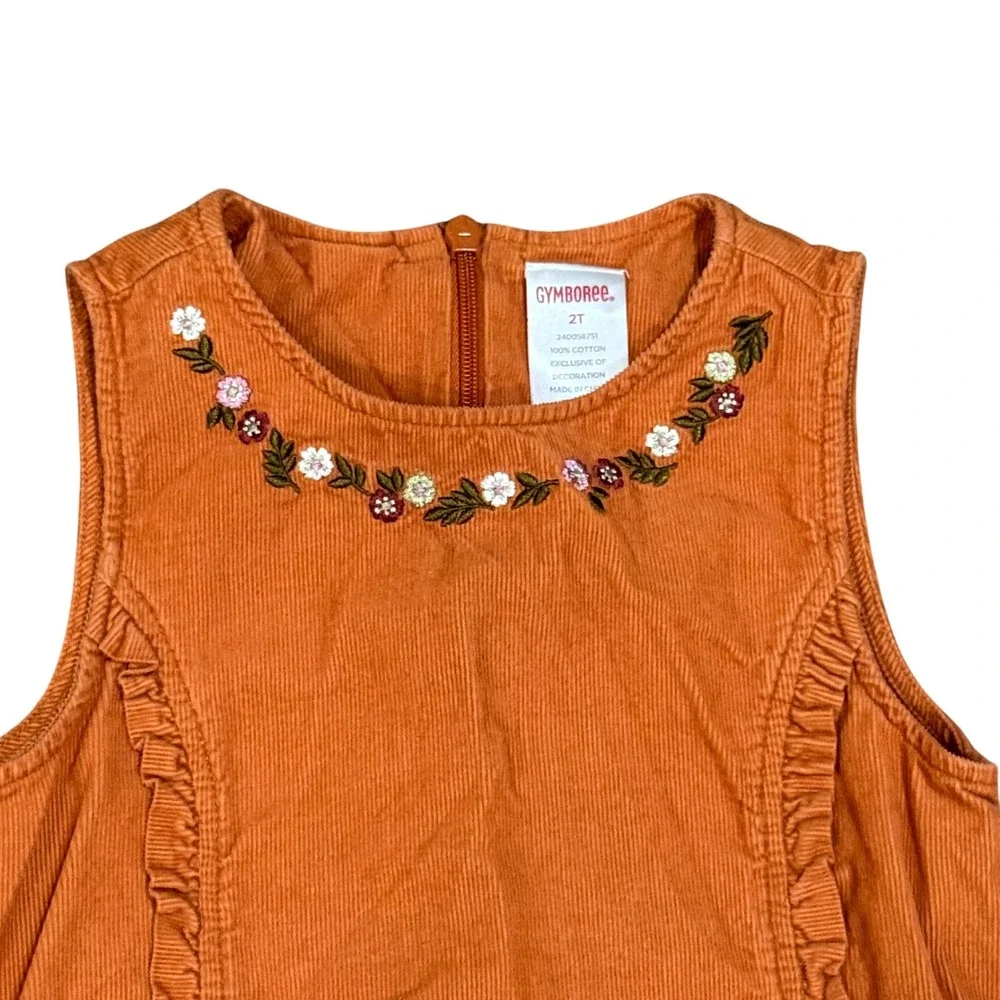 VTG Gymboree Girls Orange Corduroy Dress 2T Embroidered Floral Sleeveless Autumn